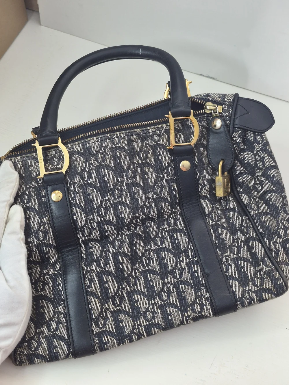 Dior Navy Monogram Canvas Satchel with Gold Hardware - Picture 13 of 13